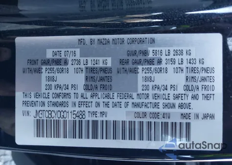2016 Mazda Cx-9 Touring from USA, damaged, VIN JM3TCBCY0G0115488